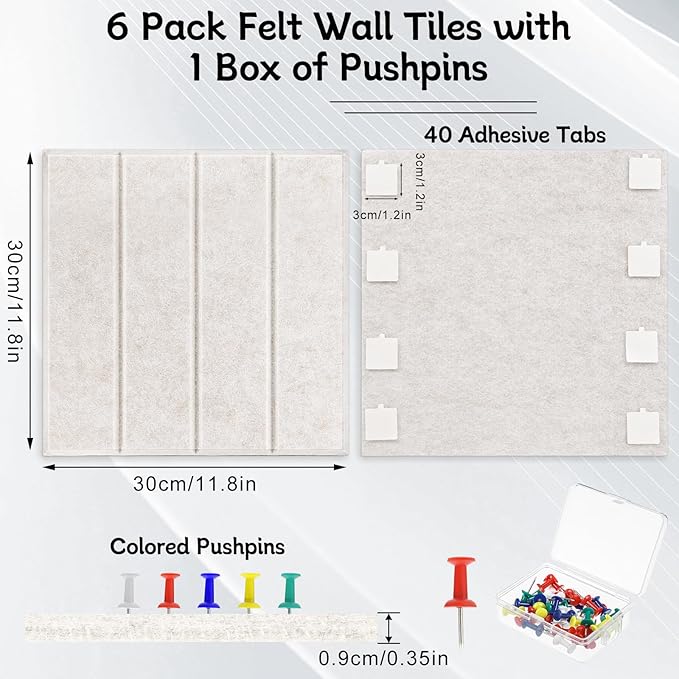 Felt Bulletin Board Tiles 36" x 24", 6-Pack Cork Board for Office, Pin Board with 30 Pushpins Cork Boards for Office Decor Walls Organizer, 40 Adhesive Tabs Included - Oatmeal