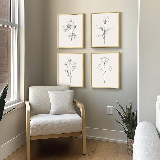 Framed Botanical Wall Art for Bathroom, Set of 4 Neutral Minimalist Beige Floral Painting Prints for Modern Farmhouse Decor, Black and White Flowers Plant Artwork for Rustic Bedroom Living Room, 11x14