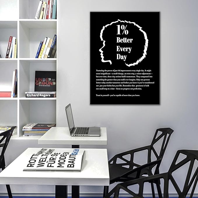 Motivational Canvas Wall Art Inspirational Slogan 1% Better Every Day Office Poster Wall Decor Success Quotes for Modern Home Gym Son Room Classroom Bedroom Stretched and Framed [18''W X 24''H]