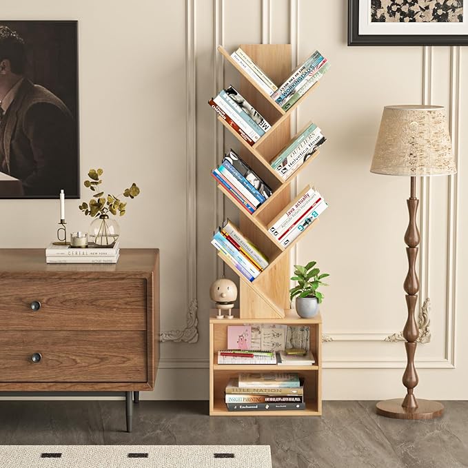 10 Tier Tree Bookshelf,Christmas Green Bookcase for Narrow Space, Storage Organizer Floor Standing Bookshelves for Books, Tall Book Case for Home Office, Living Room, Bedroom