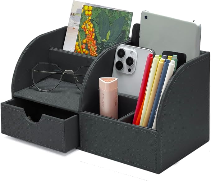 UnionBasic Desk Organizer - Multifunctional Leather Desktop Pen Holder Storage Box - Business Card/Pen/Pencil/Mobile Phone/Stationery Holder, Taiga Dark Gray
