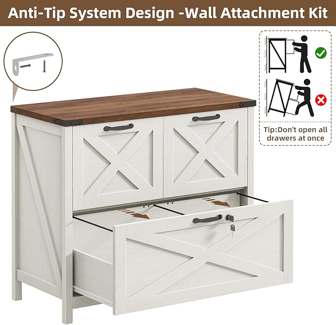 Lateral File Cabinet with 3 Drawers, Farmhouse File Cabinet with Lock for Letter/Legal/A4 Size Hanging Files, Wood File Storage Cabinets Printer Stand for Home Office Cabinets, Rustic White and Brown