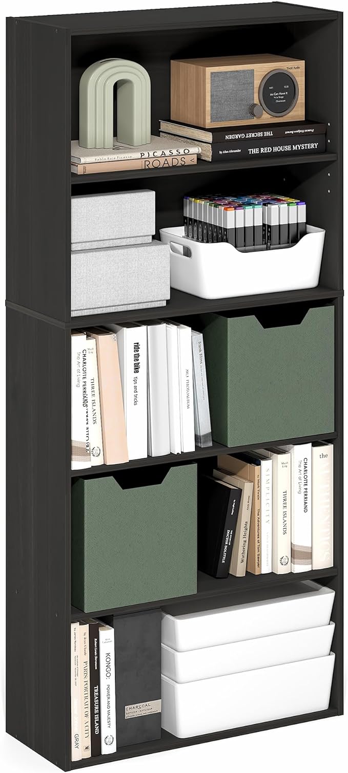 Furinno Jaya Book Shelf, 5-Tier Bookshelf, 52 Inch Tall Standing Bookcase with Adjustable Shelf, 9.5 x 23.6 x 52.6, for Home Office, Bedroom, Living Room, Espresso