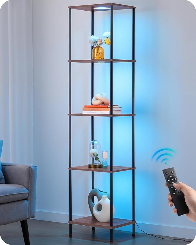 EDISHINE RGBW Floor Lamp, 5-Tier Display Shelf with Light, Adjustable Brightness & Color Temperature, 3 Lighting Modes, Remote Control, Stable Floor Lamps for Living Room, Bedroom, Study, Dark Walnut