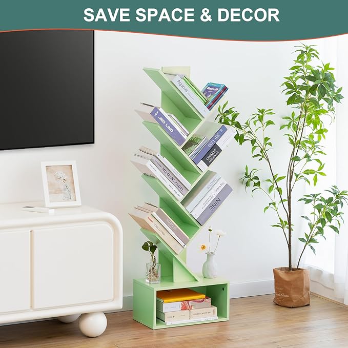 Yoobure Tree Bookshelf - 6 Shelf Retro Floor Standing Bookcase, Tall Wood Book Storage Rack for CDs/Movies, Utility Book Organizer Shelves for Bedroom, Living Room, Home Office Green