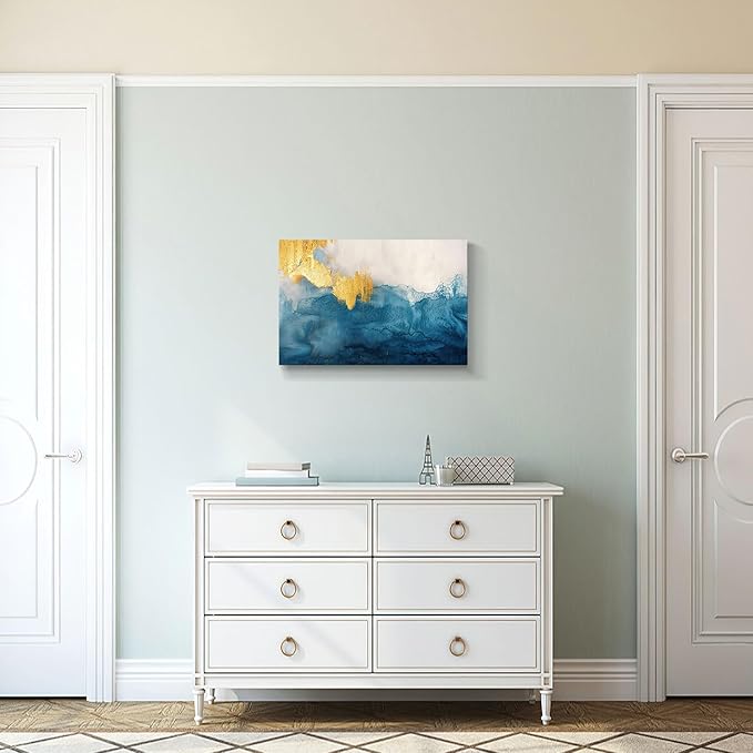 gaosoul Modern Canvas Wall Art Blue Gold Leaf Abstract Painting Prints Minimalism White and Light Blue Tranquility Poster for Living Room Bedroom Office Decor Framed 24x16in