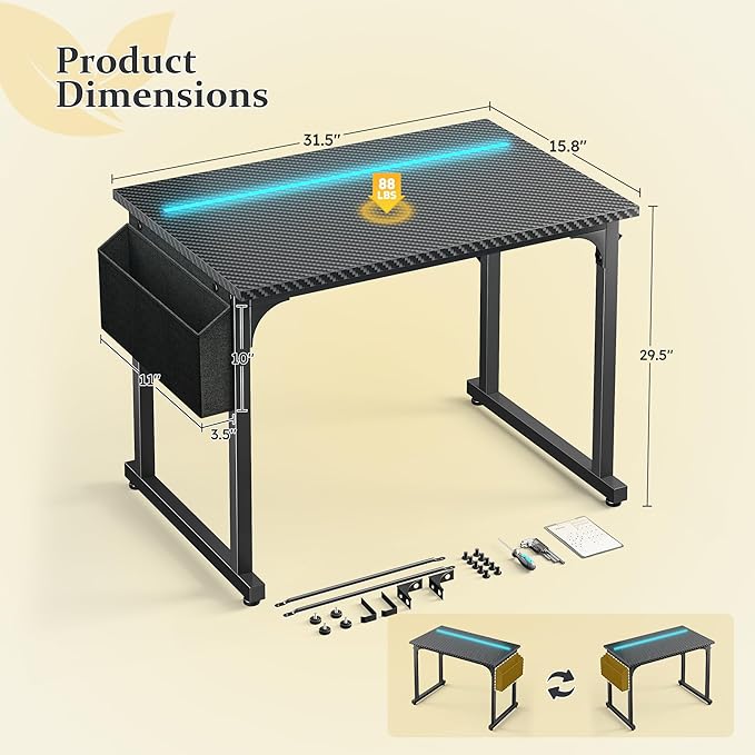 32 Inch Computer Desk with LED Lights for Small Spaces, Office Desk for Home Office, Study Desk Writing Table with Storage Bag, Headphone Hook, Black