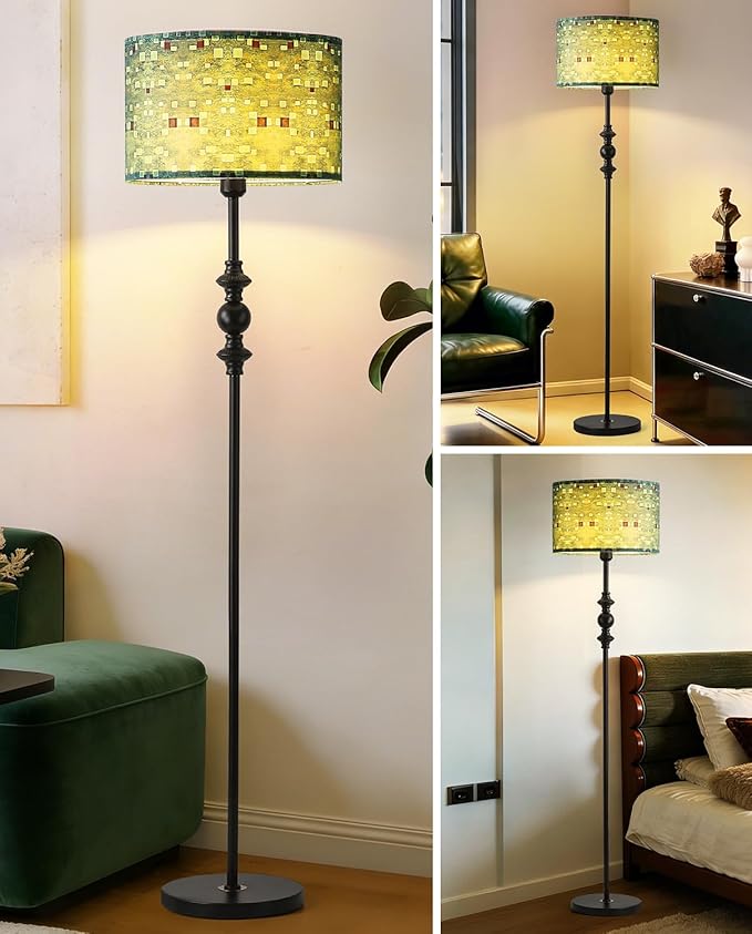 Vintage 63” Tall Floor Lamp for Living Room Bedroom, with Green Print Shade, Green Mid Century Modern Floor Lamp for Bedroom Office