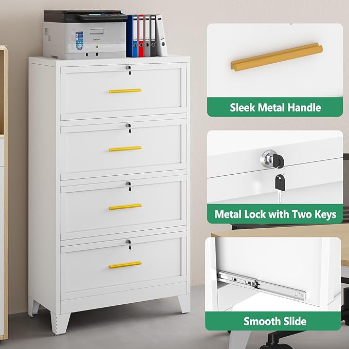 Metal Lateral File Cabinet with Lock,4 Drawer Steel Wide Filing Organization Storage Cabinets,Office Filing Cabinet for Legal/Letter/A4/F4 Size with Hanging Files&Key,Lockable Cabinets for Home Office