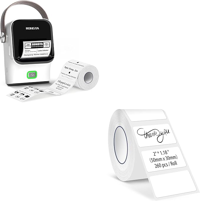 Rongta 2 Inch Label Maker Machine with Tape, Thermal Label Printer Easy Use for Office, Home, Business, 2'' x1.18'' Labels-260pcs/Roll, R22+Tape