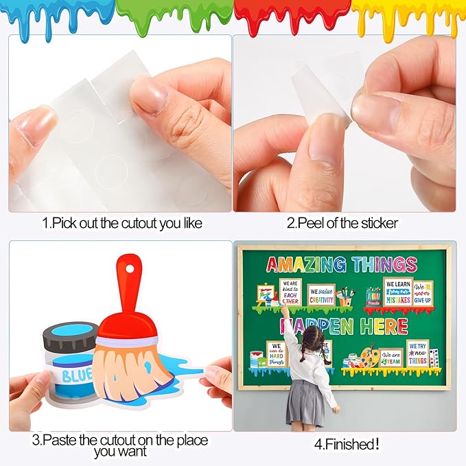 Qilery Art Theme Bulletin Board Set, Amazing Things Happen Here Paint Splatter Cutouts, Colorful Growth Mindset Motivational Classroom Decor, Inspirational Art Room Teacher Supplies