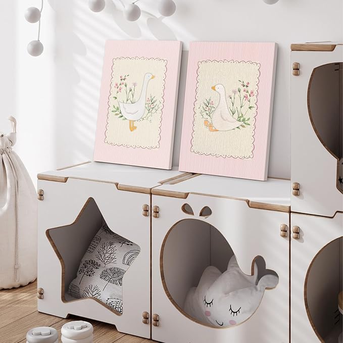 Vintage Nursery Wall Art Silly Goose Canvas Poster Pink Coquette Wall Decor Girls Room Pictures Baby Kids Poster Cute Animal Prints Floral Painting Artwork for Gallery Bedroom 12x16 Inch Ready to Hang