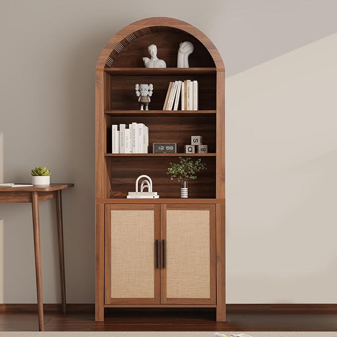71" Tall Arched Bookcase with Storage, Mid-Century Modern 6-Tier Cabinet with Door, Arched Bookshelf Cabinet with Open Display Storage Shelf for Office Living Room (Walnut)