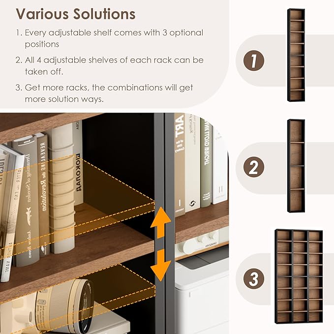 FOTOSOK 2 Pcs 71'' Tall Narrow Bookshelf, 8-Tier Media Tower Rack Set of 2, CD DVD Storage Cabinet with Adjustable Shelves, Tall Narrow Bookcase Skinny Display Bookshelf Slim Shelf, Black/Brown