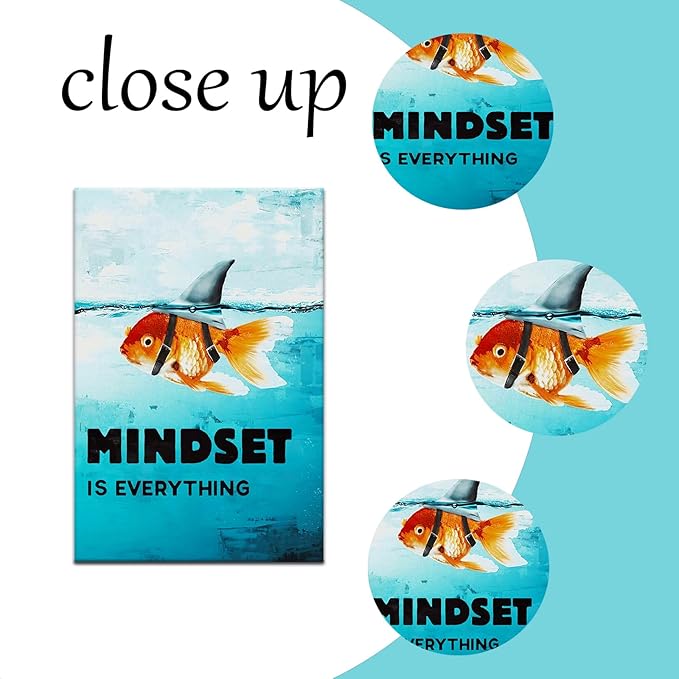 Mindset is Everything Poster Inspiration Wall Art Goldfish Pictures Big Shark Canvas Painting Poster Print Artwork Modern Home Decor for Living Room Bedroom Office Framed Ready to Hang [24''W x 36''H]