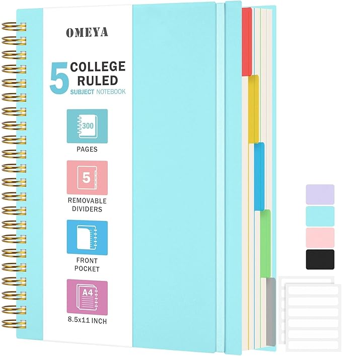Spiral Notebook 8.5" x 11", 5 Subject Notebooks College Ruled with Removable Dividers, 300 Pages 100GSM Thick Spiral Writing Journal for Women & Men, Large A4 Lined Journal Notebooks for Work, School