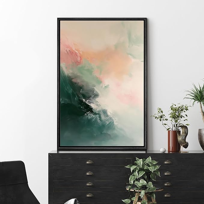 MUDECOR Framed Canvas Print Wall Art Orange Pink Paint Stroke Landscape Abstract Shapes Illustrations Minimalism Decorative Relax/Zen Colorful Nordic for Living Room, Bedroom, Office - 16"x24" Black