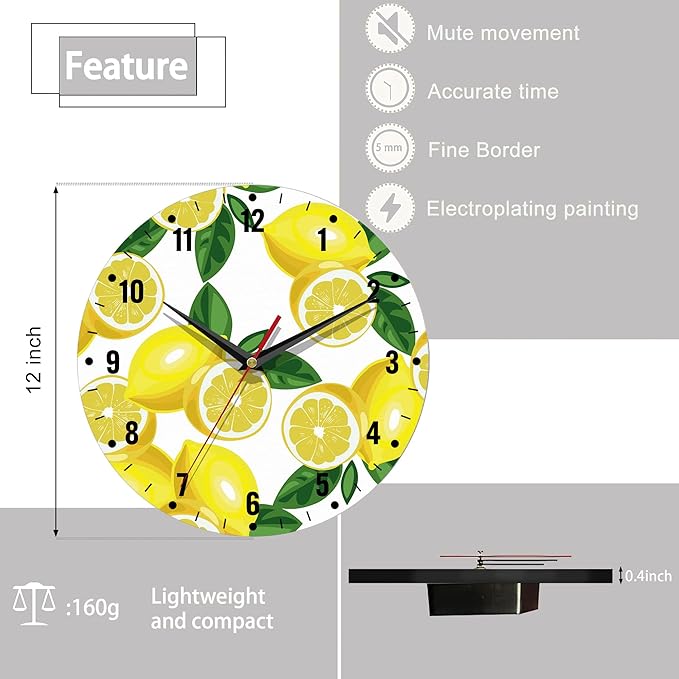 SPUNKER Clocks for Living Room,Lemon Wall Clock Battery Operated 10 Inch,Tropical Fruit Leaves Round Clock Silent Non-Ticking Wall Decor for Farmhouse Office Home School Living Room Bedroom