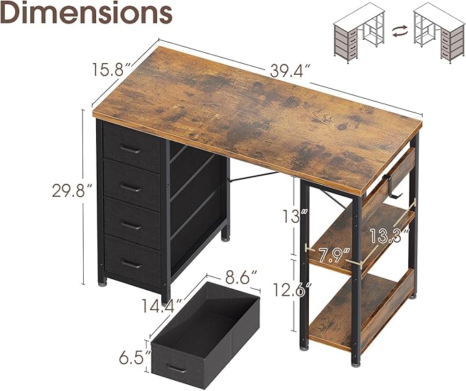 Casaottima 40 Inch Small Computer Desk with 4 Fabric Drawers, Modern PC Desk for Small Spaces, Home Office Desk with Storage Shelves, Vintage