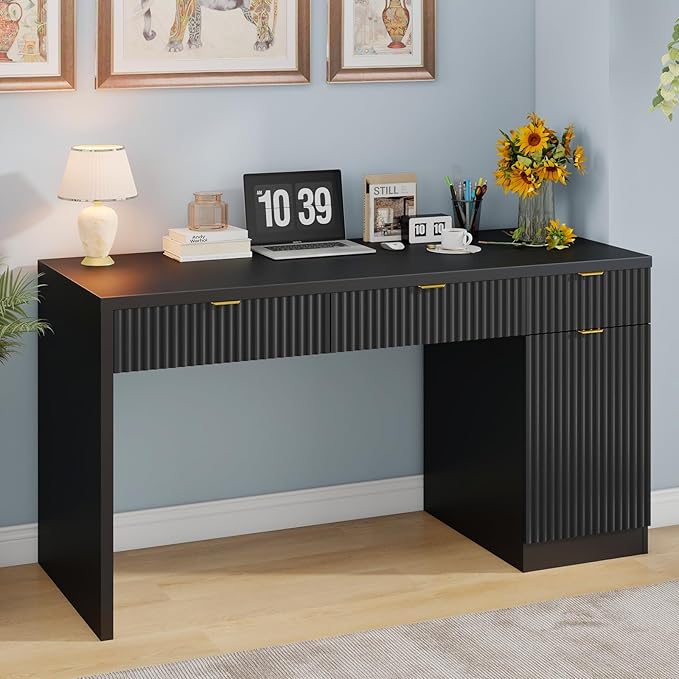 60" Executive Desk with Fluted Drawers, Wood Home Office Desk with Storage Cabinet, Fluted Reversible Computer Writing Desk for Study, Living Room,Black