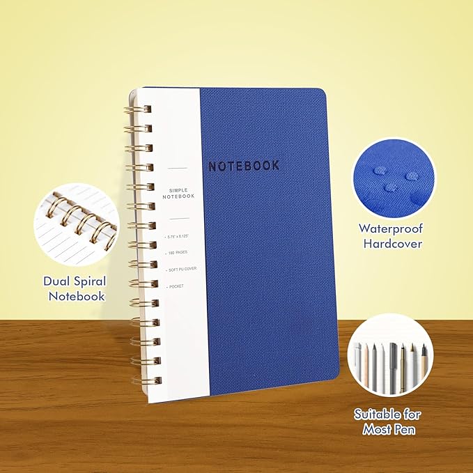 Spiral Notebook-5.75" x 8.125" College Ruled Journal with Inner Pockets and 160 Pages,PU Leather Cover Business Journal, Twin-Wire Binding Notebook Perfect for Office & Home School Supplies 3 pack Navy Blue
