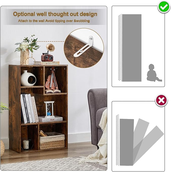 VECELO 5 Cube Modern Bookcases, 3 Tier Bookshelves, 31 Inch High Cubby Storage Organizer, Shelf Hight Up to 12.8 Inches Suit for Most Books, Vertical or Horizontal Use Available,Rustic Brown