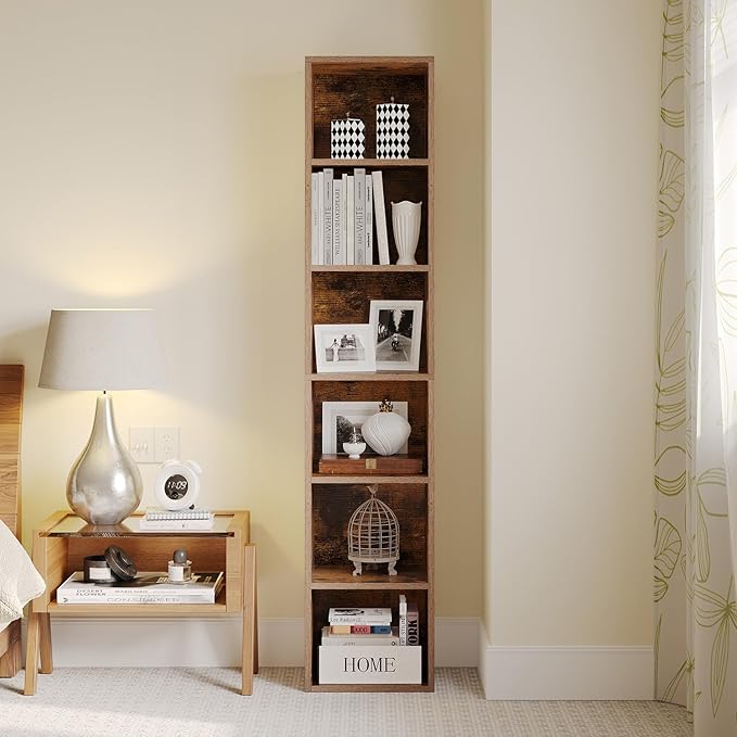MXV Narrow Bookshelf, 6-Tier Open Bookcase, Coner Shelf, Storage Shelves, Display Storage Shelves, Floor Standing Unit, Home Decor, Furniture for Home Office, Living Room, Bedroom, Brown