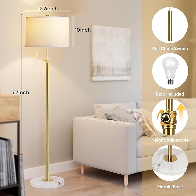 PARTPHONER Floor Lamp for Living Room, 66'' Adjustable Height Standing Lamp with Marble Base, 3-Color Tall Lamps with Pull Chain, Suitable for Bedroom, Reading, Office (Bulb Included, White Shade)