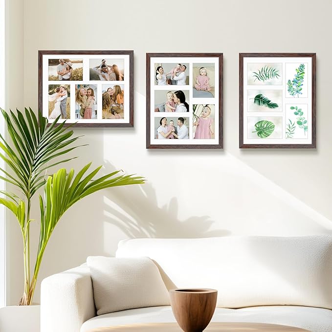 Golden State Art, 11x14 Distressed Brown Wooden Frame with White Mat - Displays Five 4x6 Photos - Tempered Glass - Wall Mounting, Portrait, Set of 2