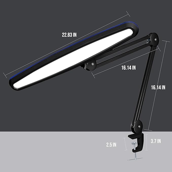 Neatfi XL 2,200 Lumens 24W LED Desk Lamp – 23” Wide Shade | Dimmable Eye-Caring Task Light | Adjustable Arm | Home Office, Study, Crafts & Nail Tech (Black, Non-CCT with Clamp)