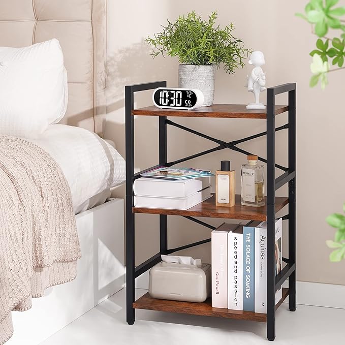 Yoobure Bookshelf Small Book Shelf, Solid Industrial 3 Tier Shelf Bookcase, Short Book Case for Bedroom, Living Room, Office Home, Small Spaces, Easy Assembly Berry Brown