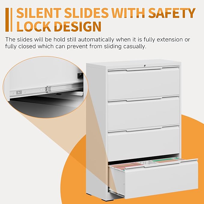 4-Drawer Metal File Cabinet with Lock,Steel Printer Stand with Storage for Home Office,Lateral Filing Cabinet for Legal/Letter/A4 Files,Assembly Required(35.43''W-4 Drawers,White)