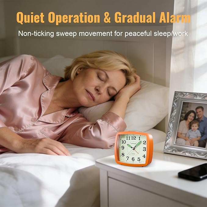 Battery Analog Travel Alarm Clock, Small Clock for Bedroom, Desk Table Shelf Clocks for Room Office Bathroom Vanity, Aesthetic Retro Clocks for Kids Girls, Orange
