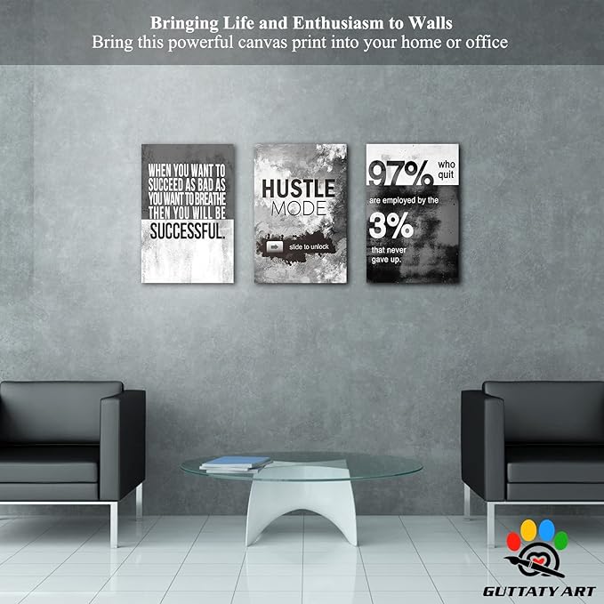 Office Wall Art - 3 Panel Motivational Canvas With Inspirational Quotes for Home and Company Decor, Positive Entrepreneur Words Poster Frame 16"x24"x3Pcs