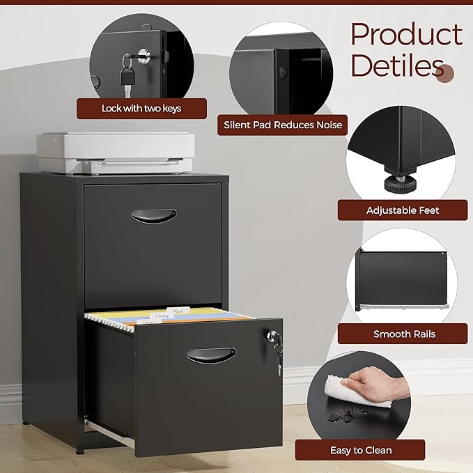 2 Drawer File Cabinet with Lock,Black Metal Filing Cabinets,Vertical Locking File Cabinet Fit Hanging Files, Letter,File Box and A4 Documents (Black)