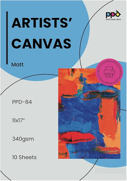 PPD Printable Fabric Sheets, Canvas Paper for Inkjet Printer, 11 x 17" Photo Fabric Printer Sheets, Print On 100% Real Cotton, Matte Finish, No Watermark, 340 gsm 125 lbs (10 Sheets)