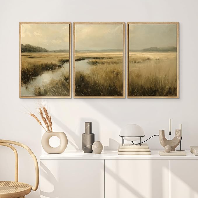 SIGNWIN Framed Canvas Print Wall Art Set Creek Through Golden Grasslands Illustrations Decorative Relax/Calm Zen for Living Room, Bedroom, Office - 24"x36"x3 NATURAL