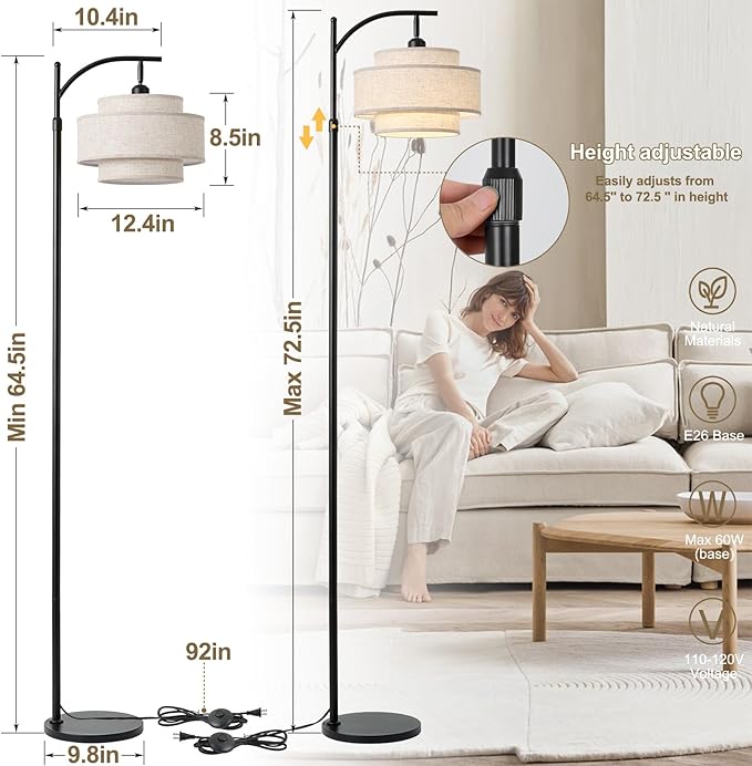 Arc Fabric Tall Floor Lamp with 3-Color Temperatures Remote & Dimmable 9W Bulb, Dimmable Floor Lamp with Remote Control, Standing Lamp with Fabric Shade for Living Room Bedroom Stair(3-Tier)