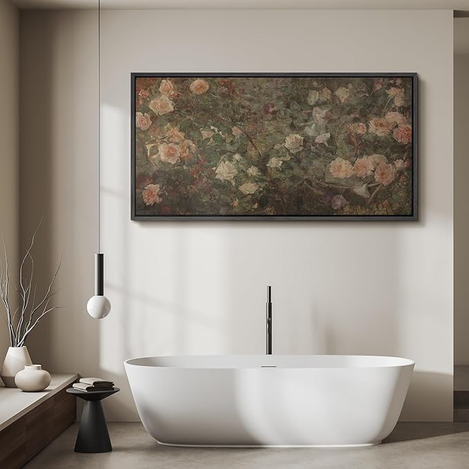 SIGNFORD Extra Large Framed Canvas Vintage White Rose Garden Print Classic Floral Illustrations Modern Art Calm Warm for Living Room, Bedroom, Office - 60"x30"