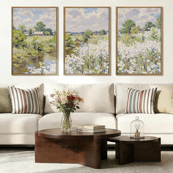 BINCUE Framed Wildflower Wall Art Rustic Floral Wall Decor Vintage Landscape Artwork for Living Room Bedroom Bathroom 16x24 Inches Set of 3