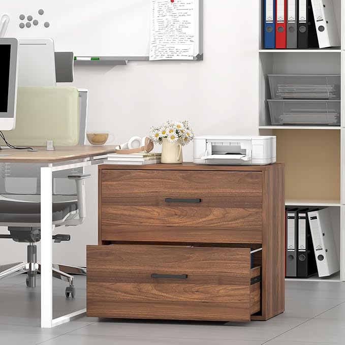 Lateral File Cabinet 2 Drawer, Walnut Woood File Cabinets for Home Office, Office File Cabinet for Letter/Legal/Hanging Files, Easy Assembly