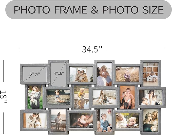 HELLO LAURA - 4x6 Picture Frame Collage With 18 Openings for Wall - Large Photo Frame Collage Wall Decor for Living Room Bedroom - Elegant Grey