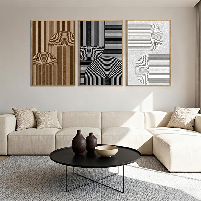BINCUE Large Neutral Wall Art Framed,Dark Modern Abstract Canvas Wall Decor Boho,Minimalist Artwork Mid Century,Black Brown Geometric Painting for Home Living Room Bedroom Hallway 16''x24'' Set of 3