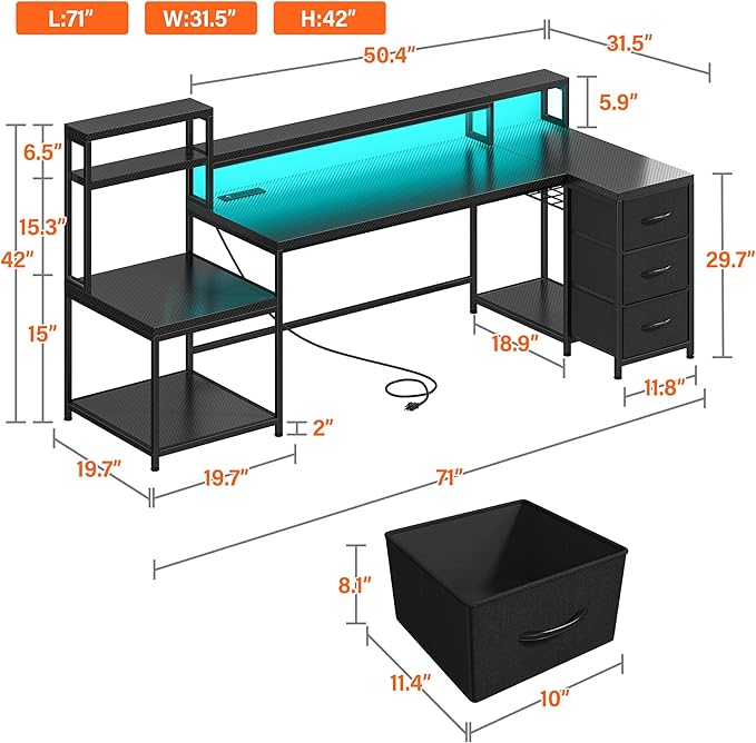 71" L Shaped Gaming Desk with 3 Drawers & Hutch,Computer Desk with Monitor Stand & Power Outlet,Home Office Desk Reversible Black Desk with LED Light,Printer Shelf for Home Office,Black Carbon Fiber