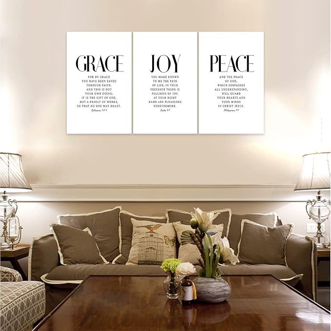 3 Piece Inspirational Wall Art White Motivational Mindset Picture, Quote "Grace Joy Peace" Canvas Print for Christian Gifts, Triptych Entrepreneur Poster Framed Artwork for Home Wall Decor(72"Wx36" H)
