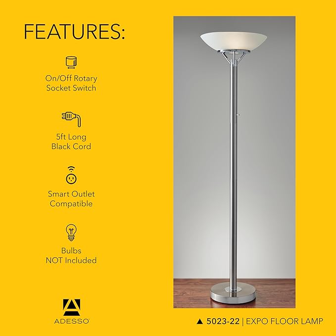 Adesso Floor Lamp with Brushed Steel and Chrome Finish - Perfect Lighting for Bedroom, Living Room and Corner Décor