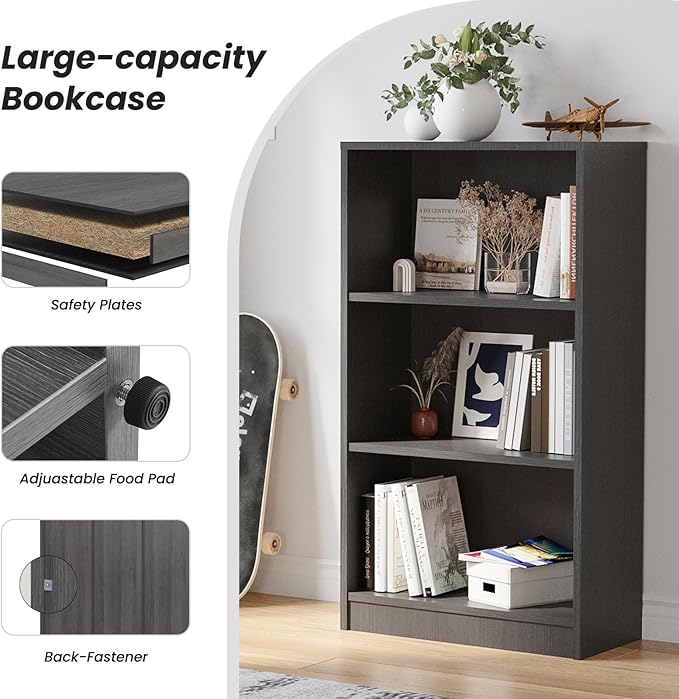 Bookcase Adjustable Storage Shelves,44.1-Inch Bookshelf,3-Tier Modern Wood Bookcase for Bedroom, Office, Living Room & Library(Grey)