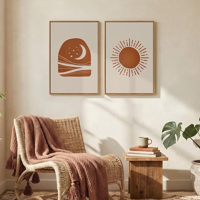 Framed Boho Abstract Sun and Moon Wall Art Set of 2, Mid Century Modern Minimalist Neutral Canvas Artwork for Walls, Terracotta Beige Bohemian Celestial Living Room Bedroom Home Wall Decor, 16x24 Inch