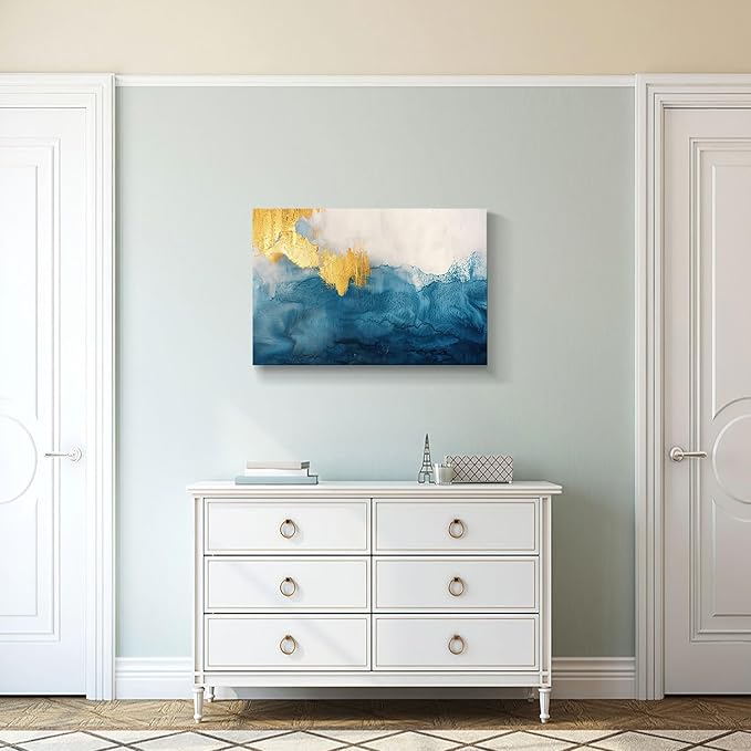 gaosoul Modern Canvas Wall Art Blue Gold Leaf Abstract Painting Prints Minimalism White and Light Blue Tranquility Poster for Living Room Bedroom Office Decor Framed 30x20in