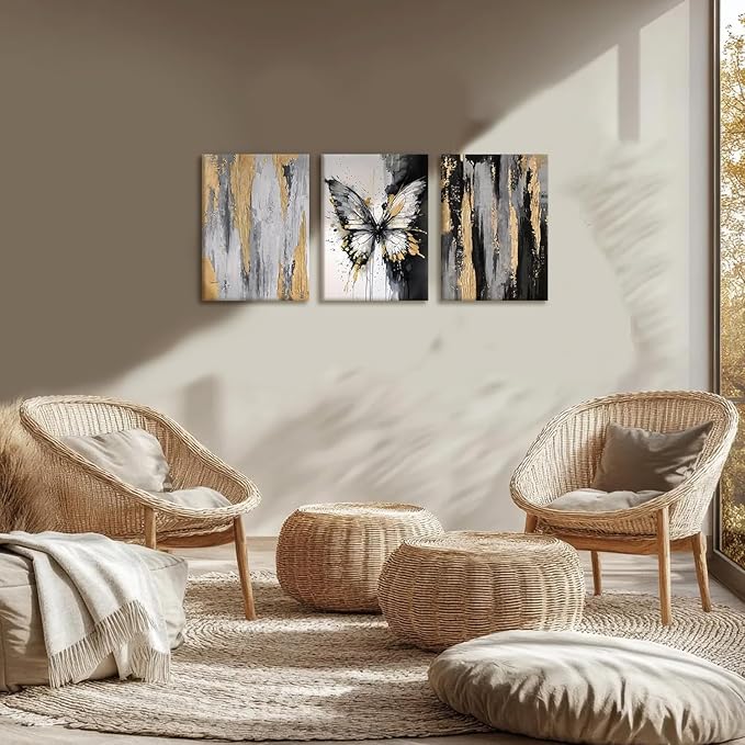 NCCXNCC 3Pcs Abstract Black and Gold Flowing Butterfly Canvas Wall Art Modern Minimalist Wall Decoration Artwork Black and White Abstract Poster Print Suitable for Living Room/Office16x24Inch Framed
